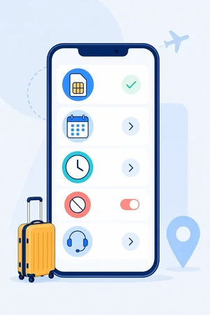 手机中的 eSIM 续订状态、到期时间、取消和帮助入口示意图