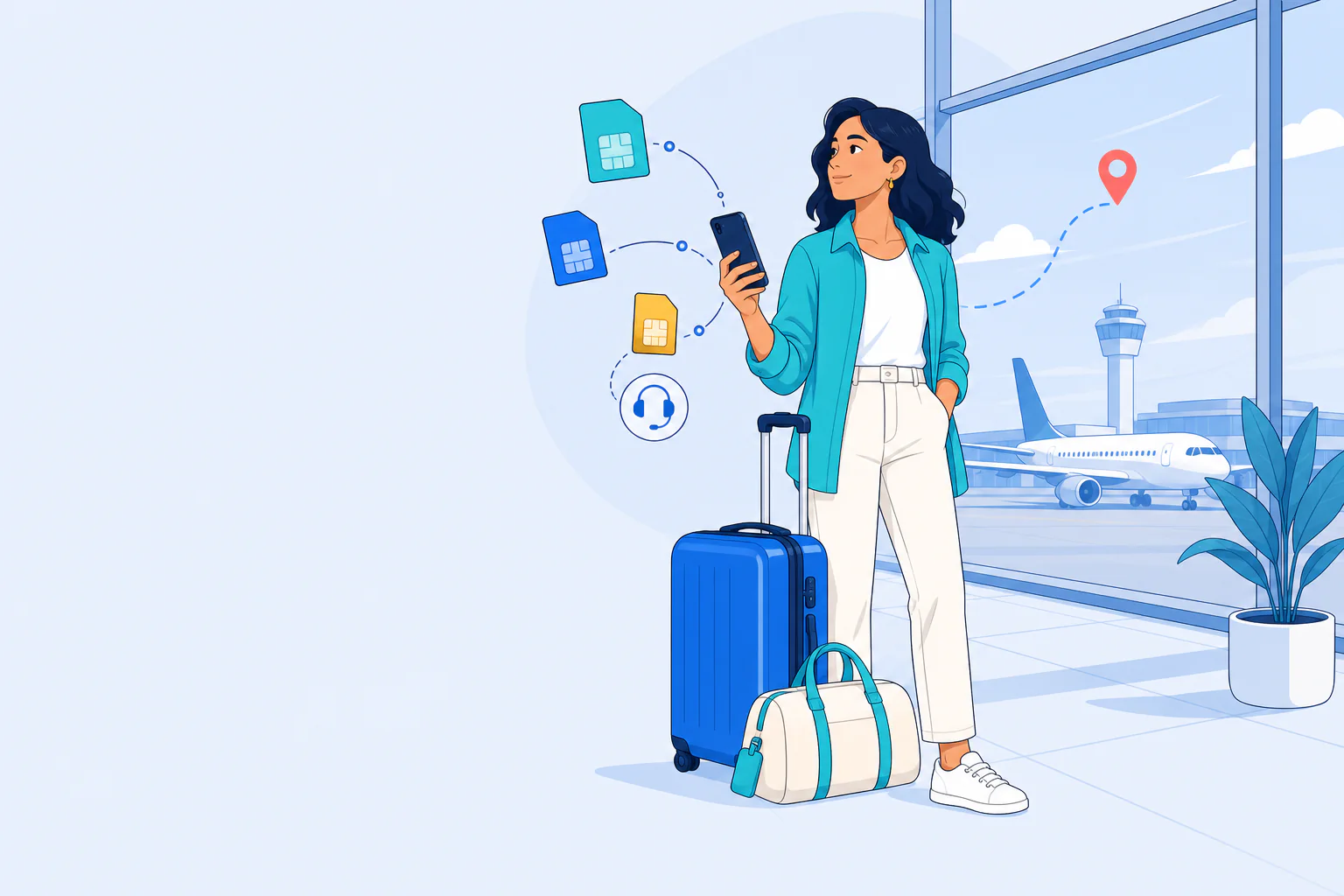 旅行者在机场使用 Novyro App 管理 eSIM